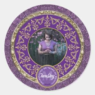 Sticker Rond Photo Or Classique Damas Commémoratif Violet