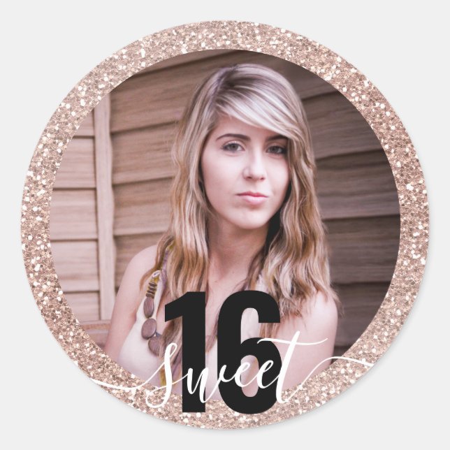 Sticker Rond Photo Parties scintillant rose Ombre Sweet 16e ann (Devant)