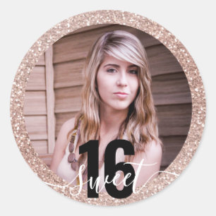 Sticker Rond Photo Parties scintillant rose Ombre Sweet 16e ann