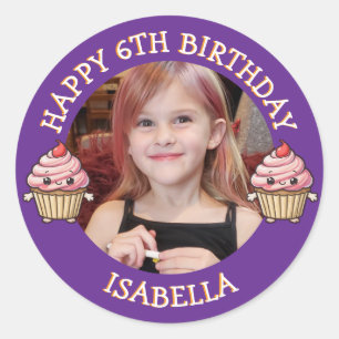 Sticker Rond Photo personnalisé, âge et nom d'anniversaire