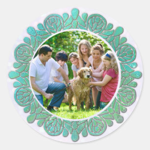 Sticker Rond Photo personnalisé de famille avec mandala turquoi