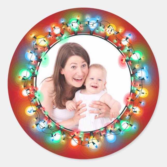 Sticker Rond Photo personnalisée Ampoules lumineuses de Noël (Devant)