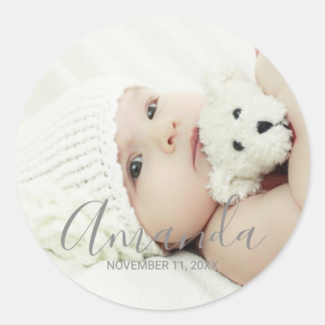 Sticker Rond Photo personnalisée avec nom et texte personnalisé (Devant)