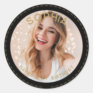 Sticker Rond Photo personnalisée Black Gold Moderne 21e anniver