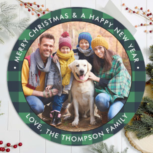 Sticker Rond Photo personnalisée Buffalo vert Plaid Joyeux Noël