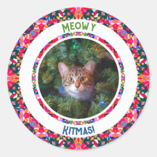 Sticker Rond Photo personnalisée Chat de Noël maman maman Cadea