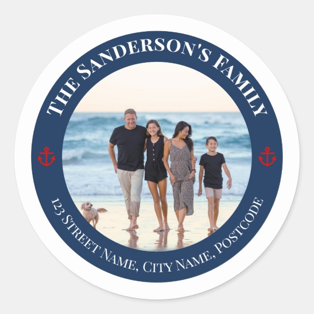 Sticker Rond Photo personnalisée dans Navy Circle avec Ancre ro (Devant)