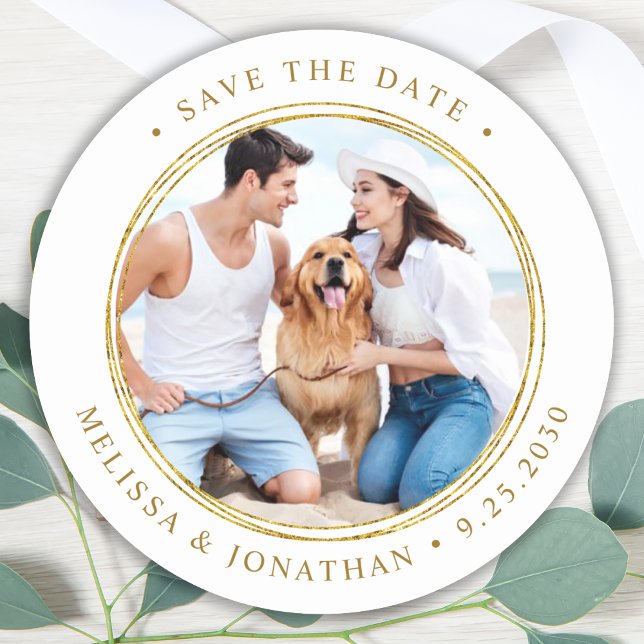 Sticker Rond Photo Personnalisée Elegant Gold Wedding Enregistr (Créateur téléchargé)