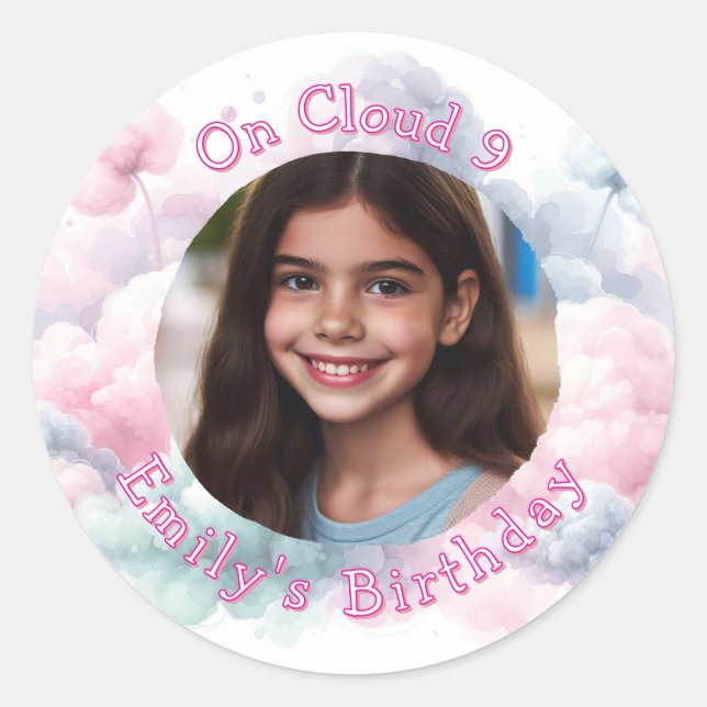 Sticker Rond Photo personnalisée et texte sur le nuage 9 fête d (Devant)