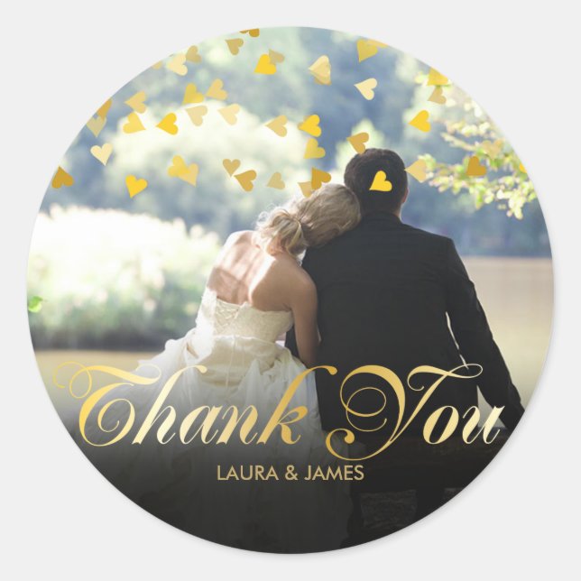 Sticker Rond Photo personnalisée Gold Confetti Script Merci (Devant)