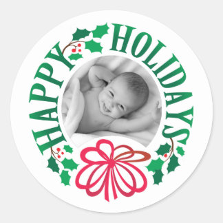 Sticker Rond Photo personnalisée Joyeuses fêtes Typographie Wre