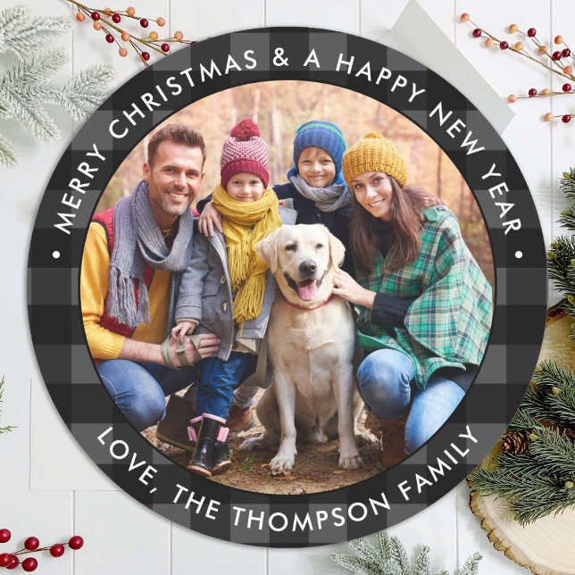 Sticker Rond Photo personnalisée Joyeux Buffle gris de Noël Pla (Créateur téléchargé)