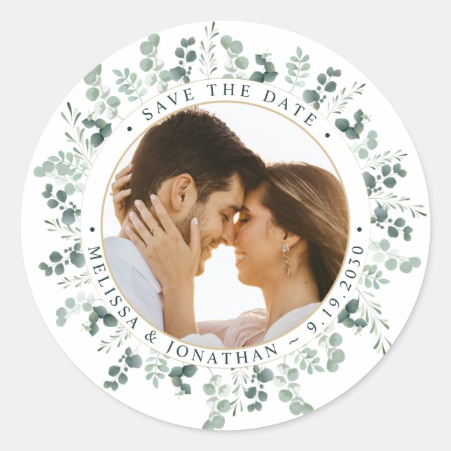 Sticker Rond Photo Personnalisée Mariage Eucalyptus Enregistrer (Devant)