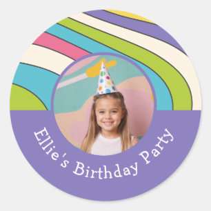 Sticker Rond Photo Personnalisée Nom Retro Coloré Anniversaire