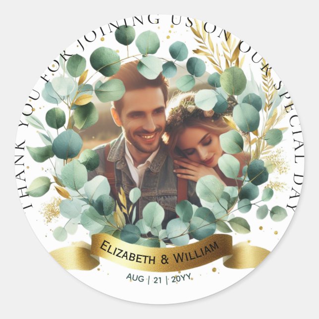 Sticker Rond PHOTO Remerciement de Mariage Faveur Feuilles d'Eu (Devant)