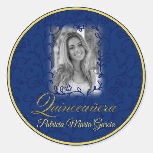 Sticker Rond Photo royale bleue quinceañera vignes florales