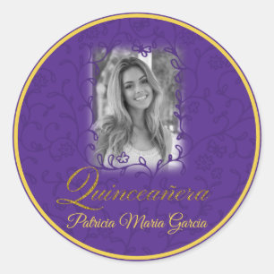 Sticker Rond Photo royale violette quinceañera vignes florales