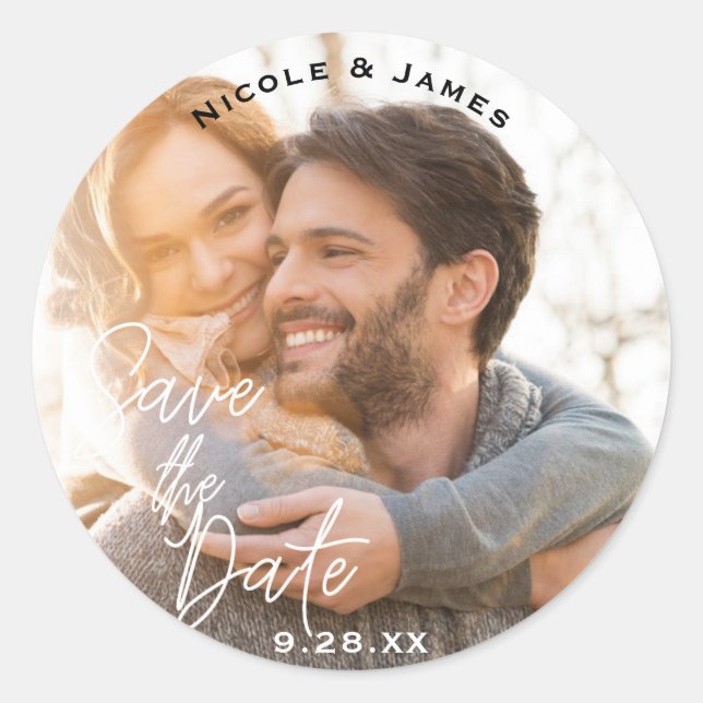 Sticker Rond Photo White Modern Script ENREGISTRER LA DATE (Devant)