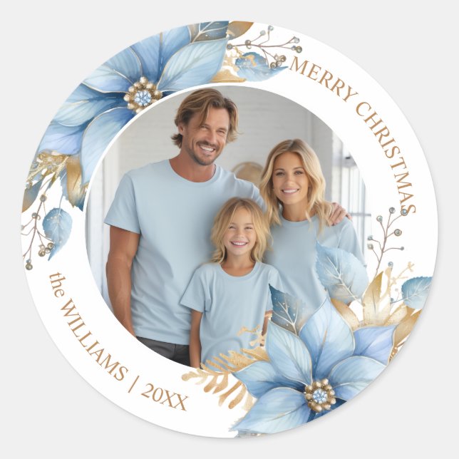 Sticker Rond Photographie de Noël Icy Blue Gold Poinsettia Flow (Devant)