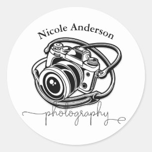 Sticker Rond Photographie en noir et blanc Logo d'appareil phot