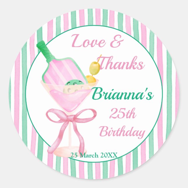Sticker Rond Pickleball rose et vert fête d'anniversaire (Devant)