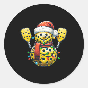Sticker Rond Pickleball Snowman Santa Hat Lumières Noël Pick