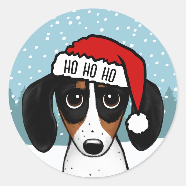 Sticker Rond Piebald Dachshund Père Noël Cute Wiener Chien pers (Devant)