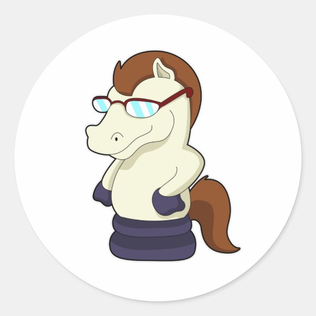 Sticker Rond Pièce d'échecs Chevalier avec lunettes de soleil (Devant)