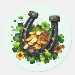 Sticker Rond Pièces en or Lucky Horseshoe et Clover