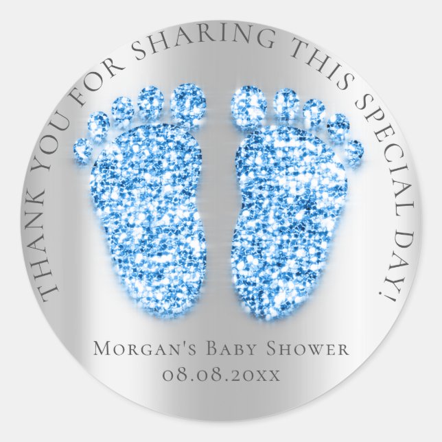 Sticker Rond Pieds Baby shower Favoriser Merci Argent Royal Blu (Devant)
