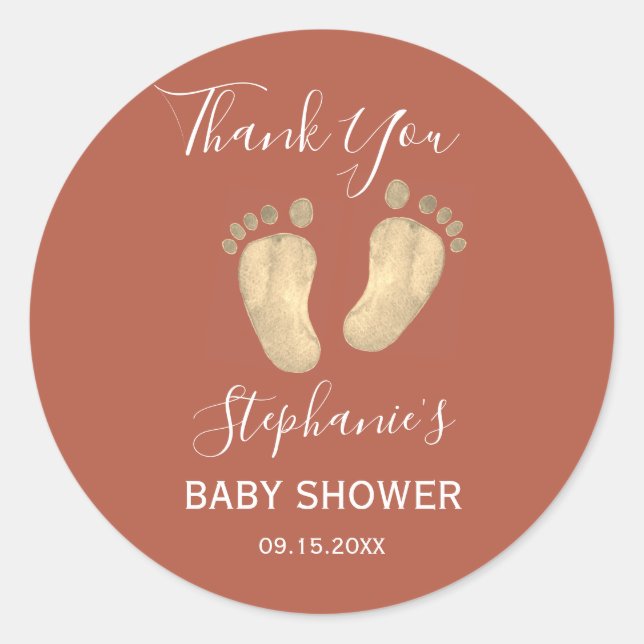 Sticker Rond Pieds bébé Baby shower en terre cuite Merci (Devant)