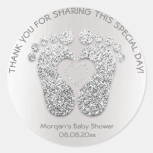 Sticker Rond Pieds Coeur Argent Baby shower Favoriser Merci gri