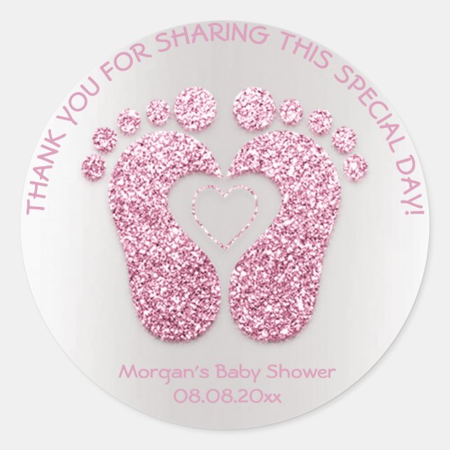 Sticker Rond Pieds de coeur rose Baby shower Favoriser Merci fi (Devant)