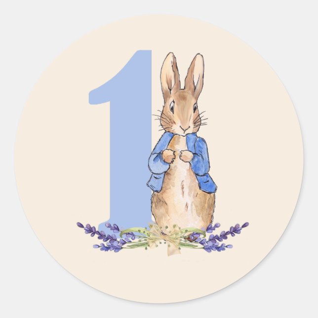 Sticker Rond Pierre le lapin 1er anniversaire bleu (Devant)