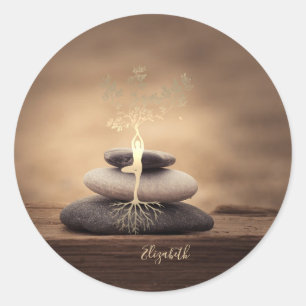 Sticker Rond Pierres zen thérapeutes, silhouette d'arbre doré m