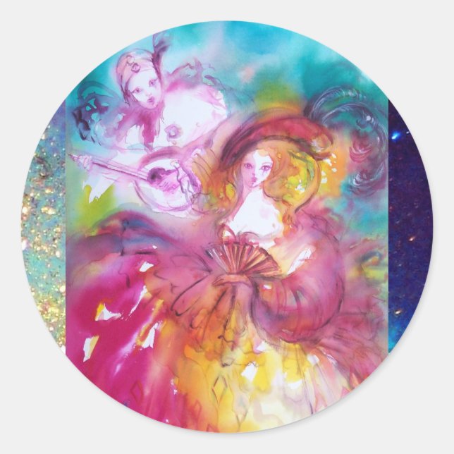 Sticker Rond PIERROT ET ARLECCHINA Carnaval vénitien, (Devant)