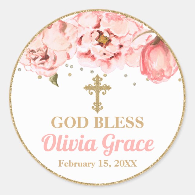Sticker Rond Pies florissantes Pink Blush & Gold Baptism (Devant)