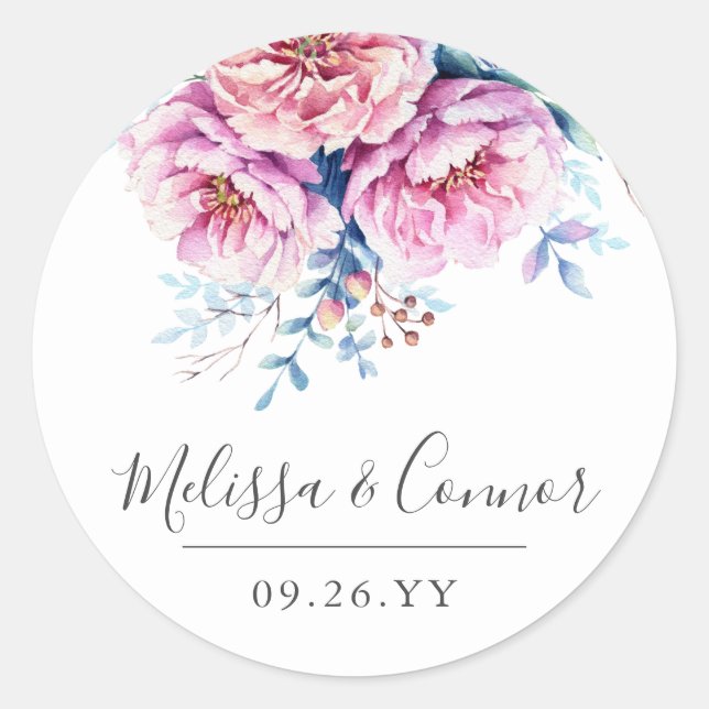 Sticker Rond Pies roses | Aquarelle florale | Texte personnalis (Devant)