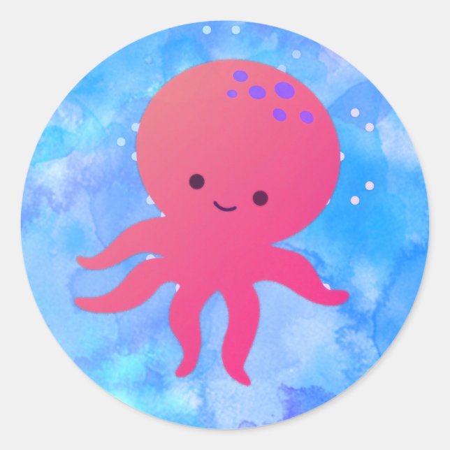Sticker Rond Pieuvre En Cartoon Cute Dans L'Aquarelle Bleue (Devant)
