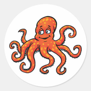 Sticker Rond Pieuvre Orange Dessin Animé Océan Créature Marine