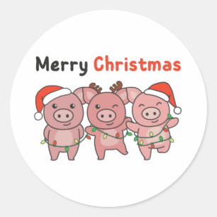 Sticker Rond Pig Christmas Cute Pigs Merry Christmas