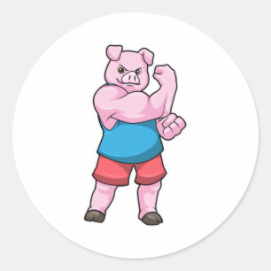 Sticker Rond Pig comme Bodybuilder avec grand bras Supérieur