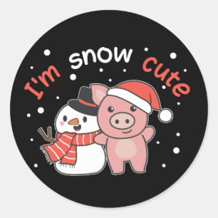 Sticker Rond Pig I'm Snow Cute Snowman Pun de neige Classic Rou
