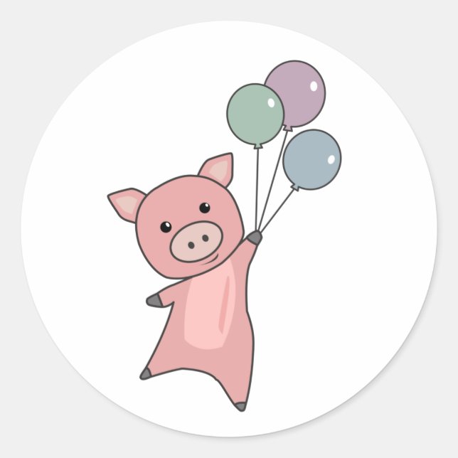 Sticker Rond Pig Piglet Ballons mouches mignons animaux (Devant)