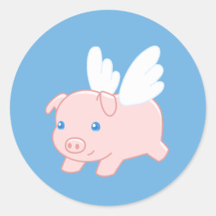 Sticker Rond Piglet de porc volant avec ailes en bleu