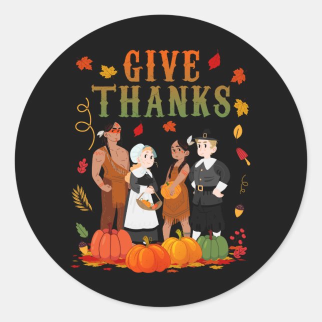 Sticker Rond Pilgrims and Natives American Indian Thanksgiving (Devant)