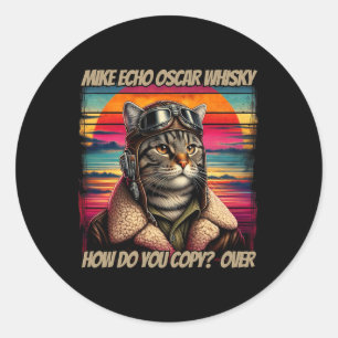 Sticker Rond Pilote de chat rétro Mike Echo Oscar Whisky M.e.o.