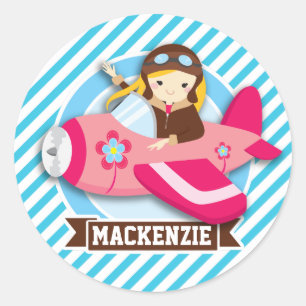 Sticker Rond Pilote fille en avion rose; Bleu et Blancs