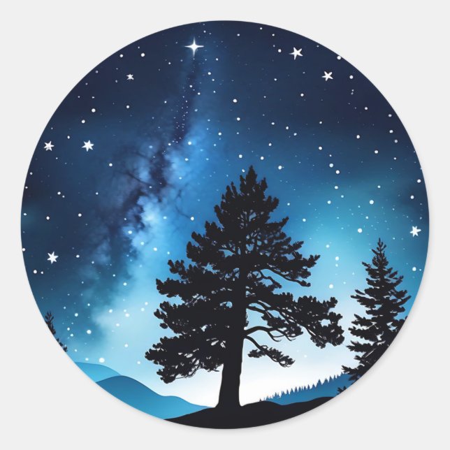 Sticker Rond Pin céleste Aquarelle Ciel nocturne (Devant)