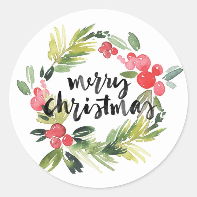Sticker Rond Pin d'aquarelle et couronne blanche Joyeux Noël (Devant)